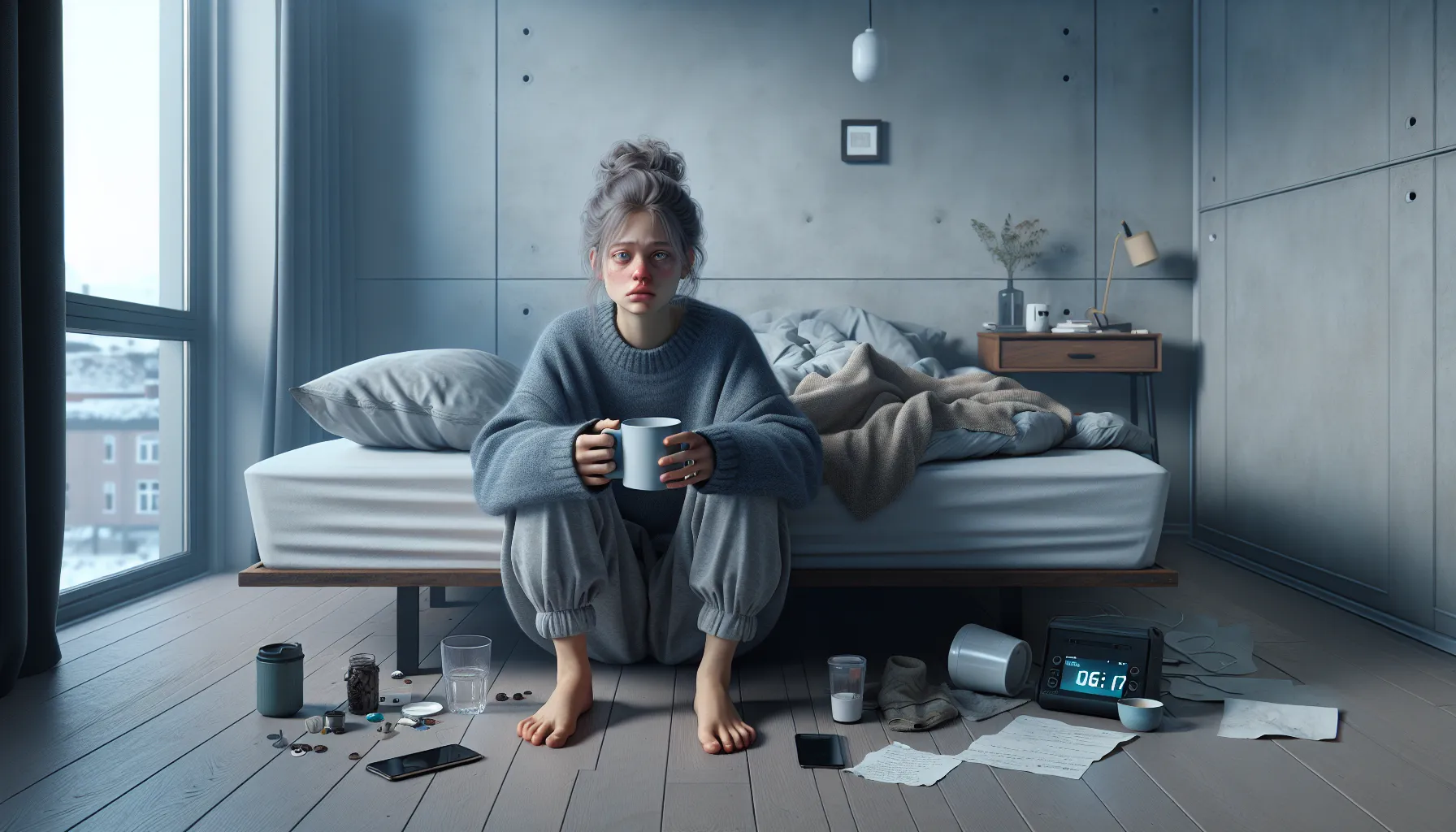 Exhausted norwegian woman sits on unmade bed in dim morning light.