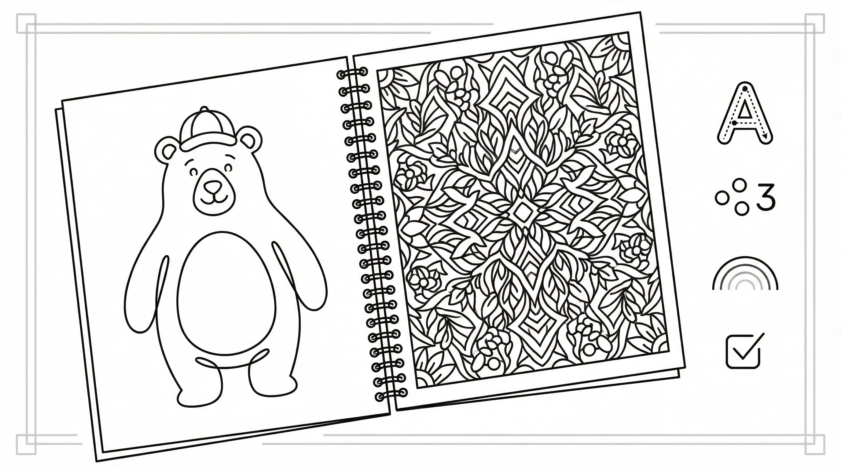 Open coloring book with simple pages, learning icons, and a checklist.