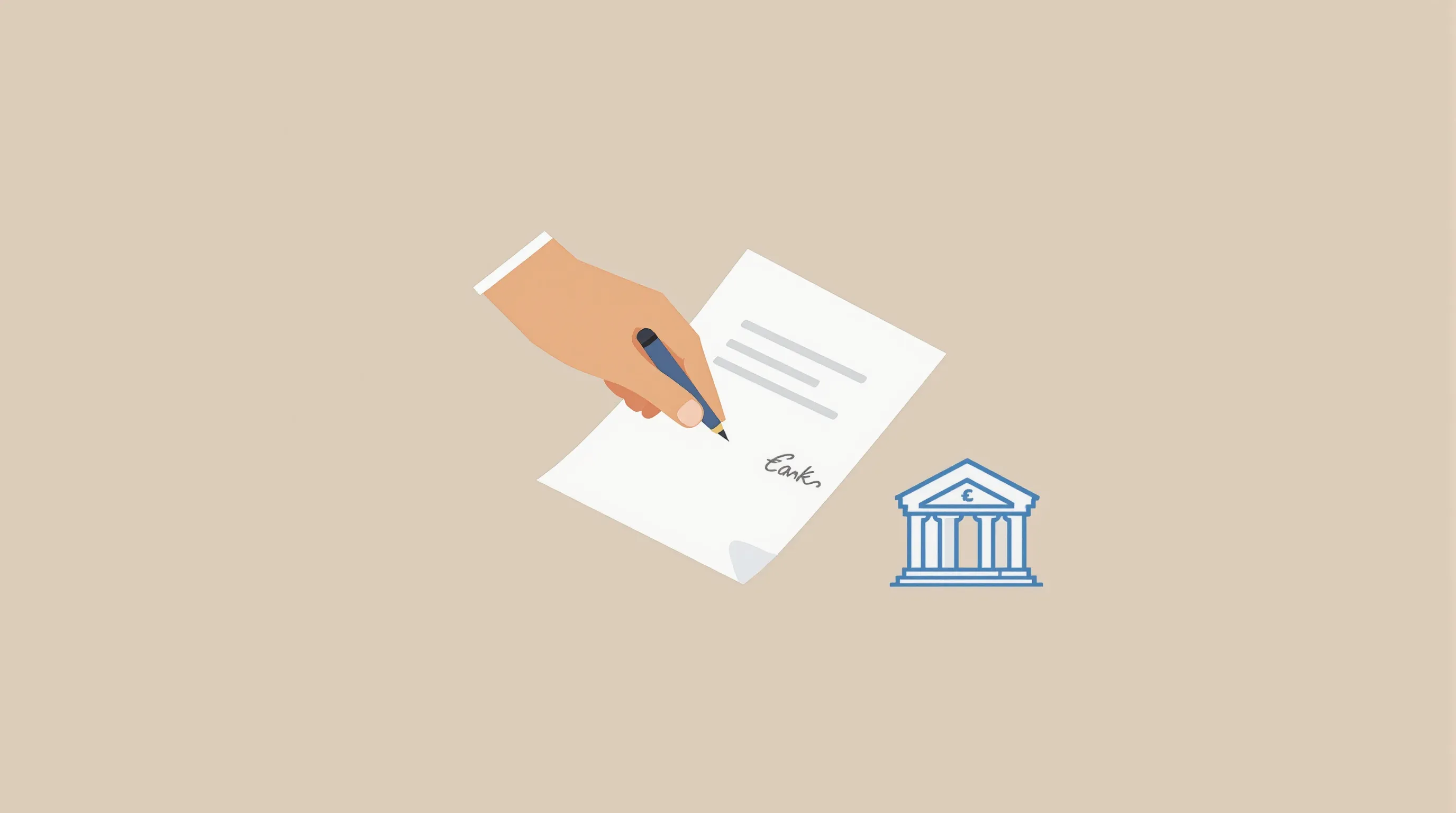 Hand placing signed document next to bank icon on clean minimal background.