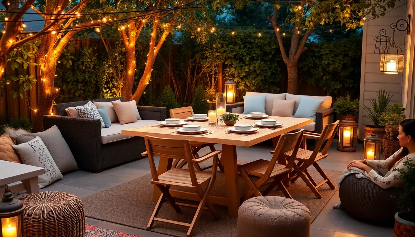 cozy small backyard setup for entertaining with lights and comfortable seating.