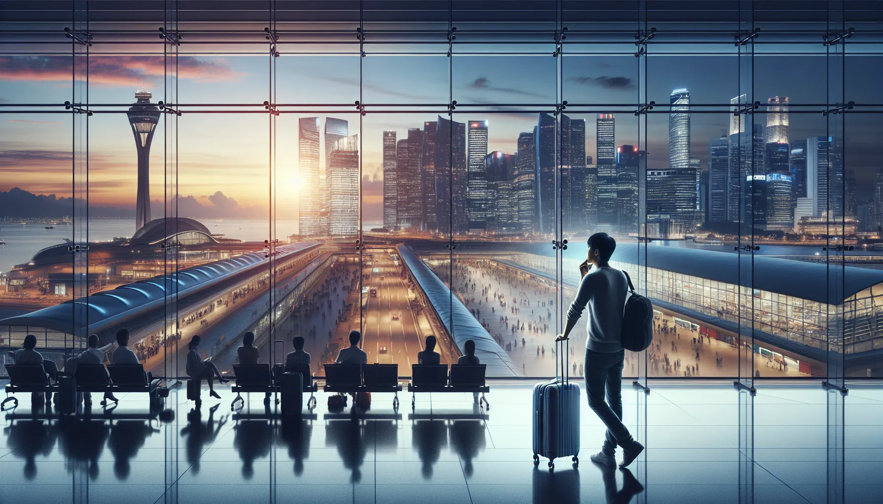 A traveler observing a city's skyline during a stopover at an airport.