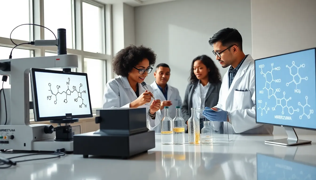 diverse researchers working in a modern laboratory on Mirbezumia.