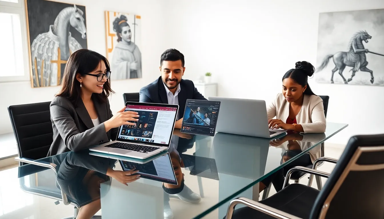 diverse gamers collaborating on character creation in a modern office.
