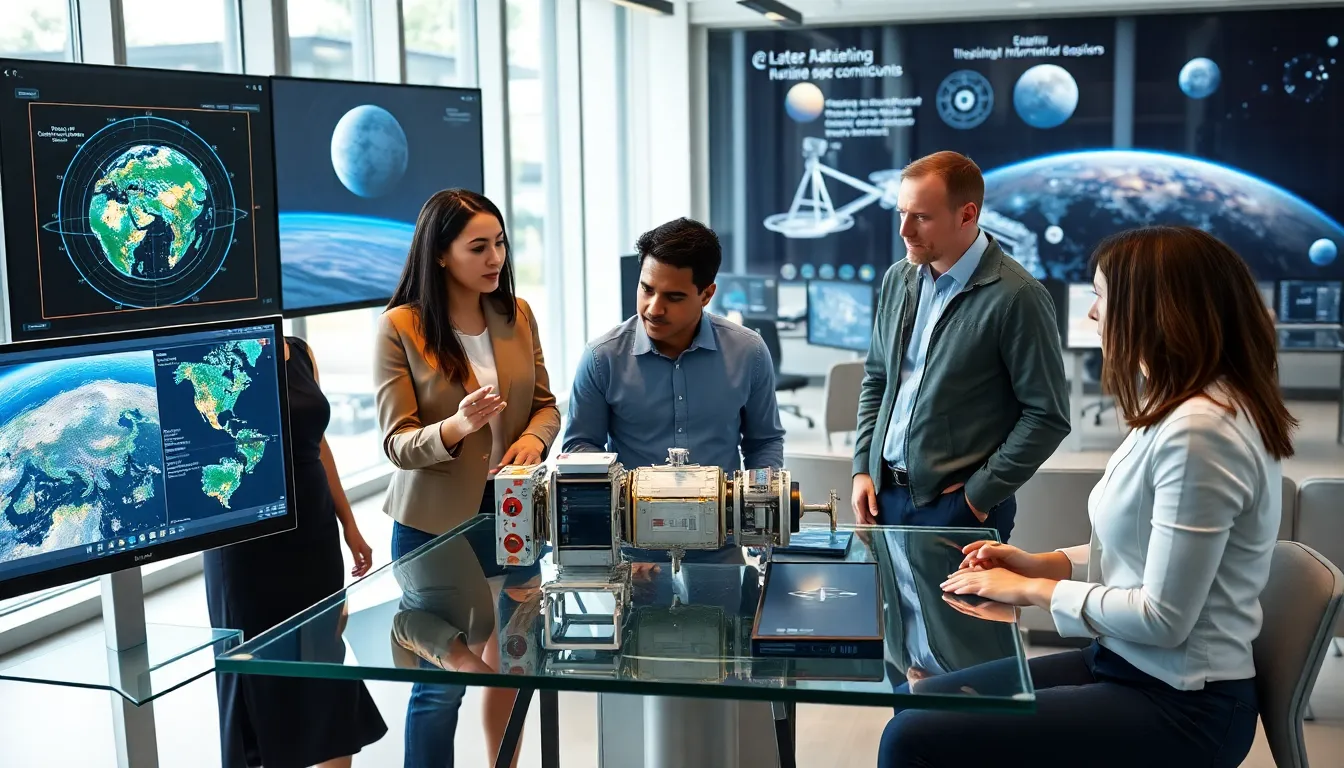 diverse team collaborating on space technology projects in a modern office.