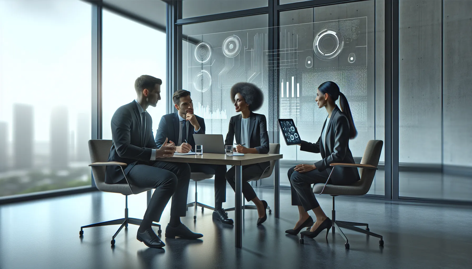 professionals discussing data analysis in a modern office.