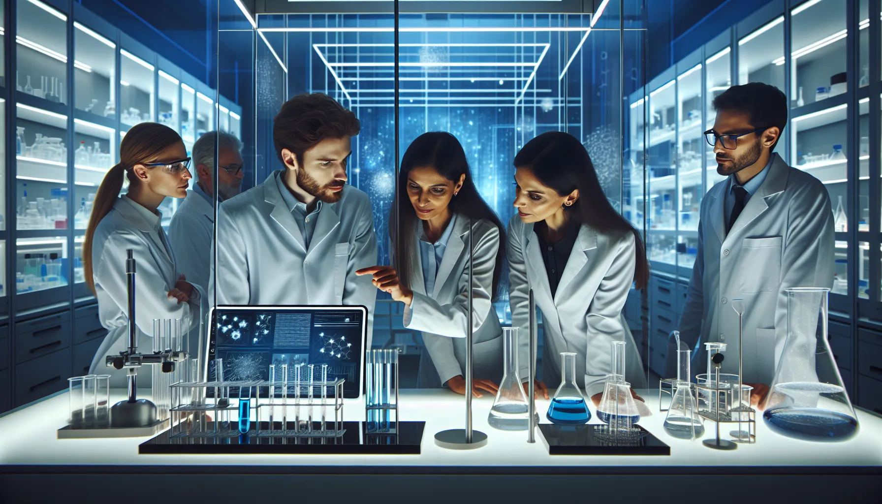 diverse researchers discussing data in a modern lab.