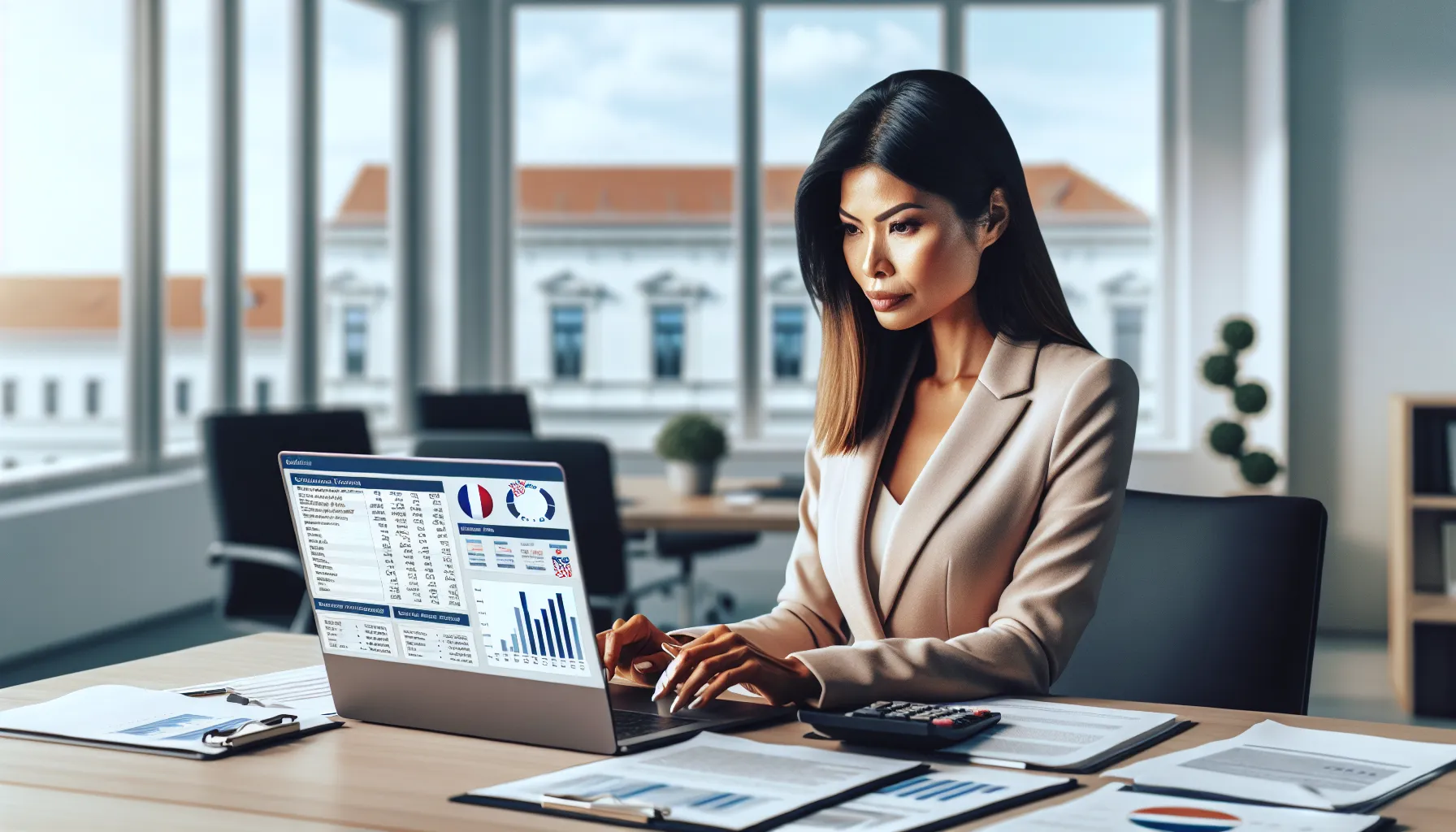 Professional reviewing credit documents and financial reports at modern office desk