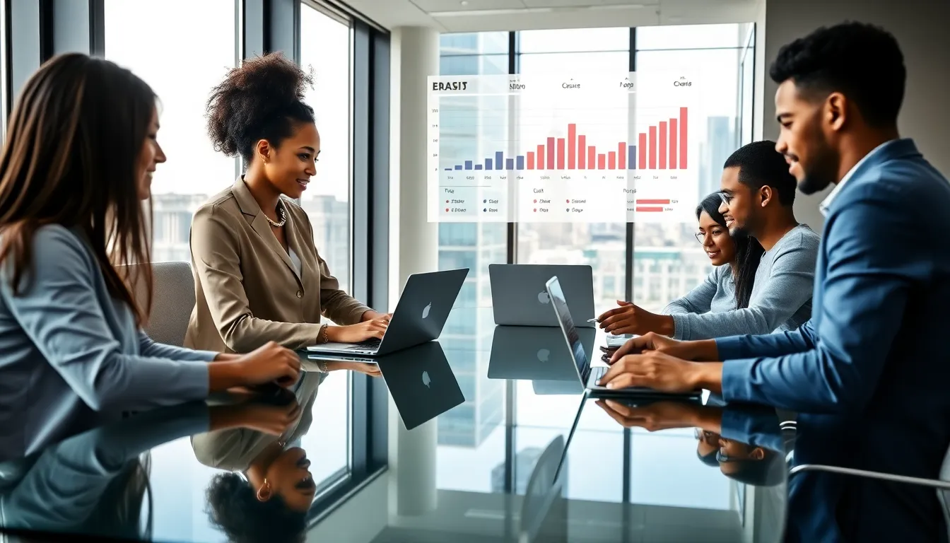 diverse team discussing email marketing in a modern office.