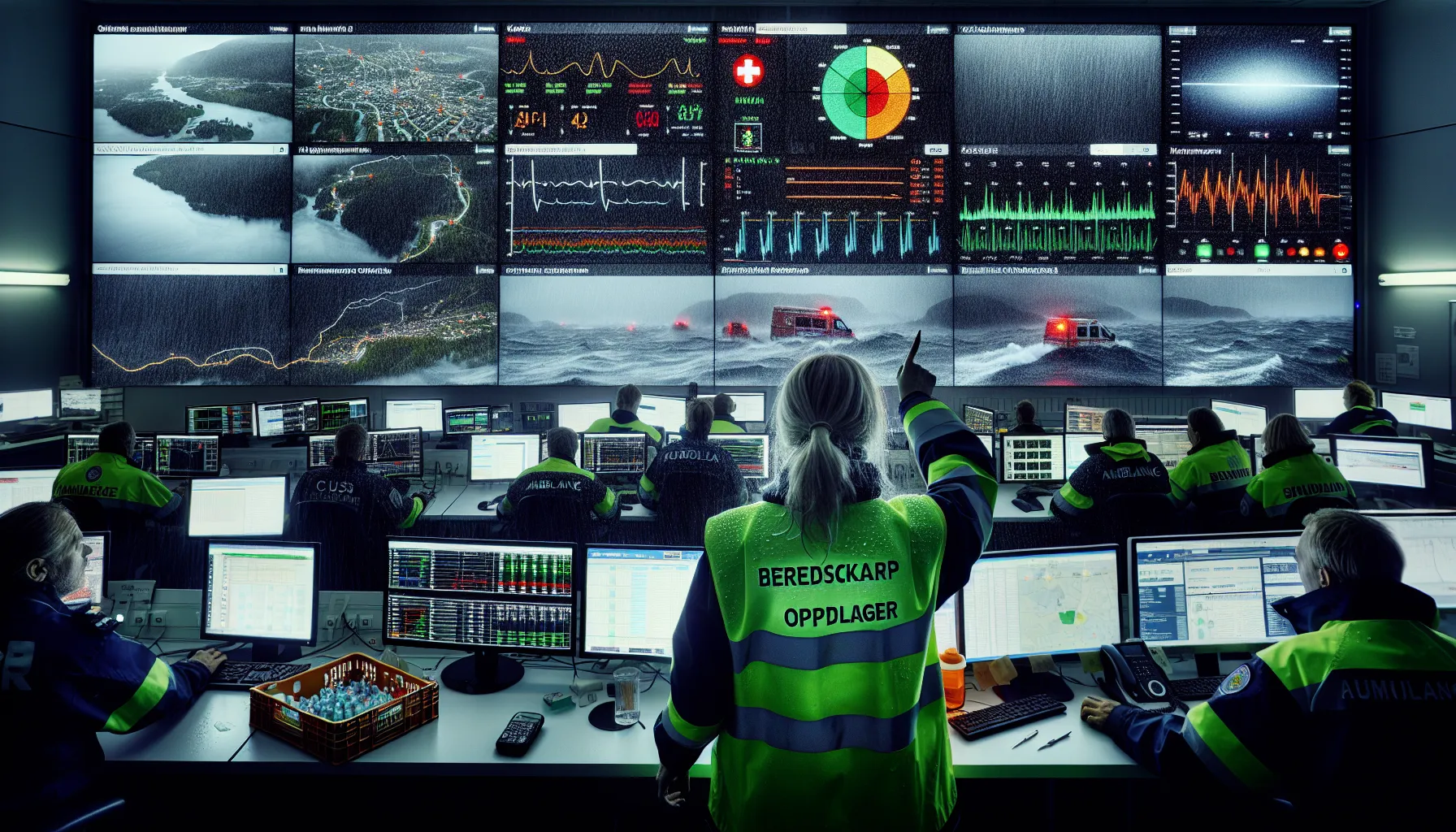 Norwegian hospital command room coordinating health crisis response during a storm.