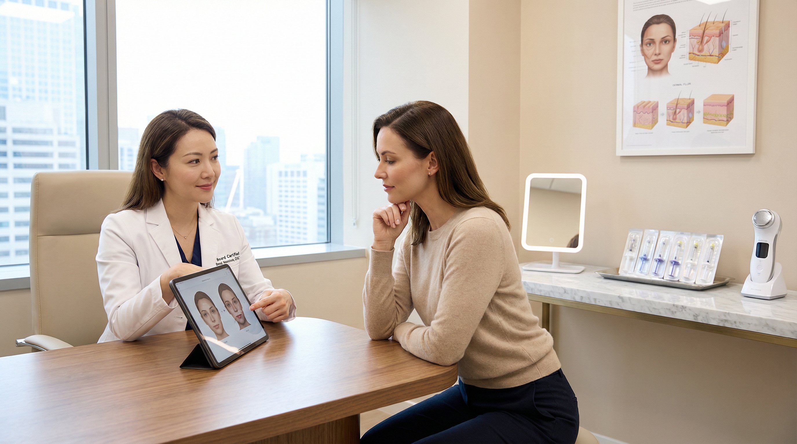 doctor discussing non-invasive cosmetic treatment options with a woman in a clinic