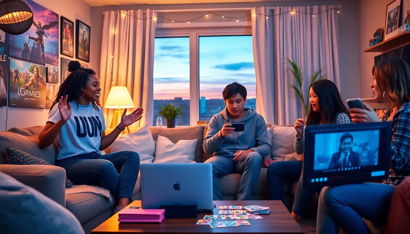 a diverse group of gamers chatting in a cozy living room.