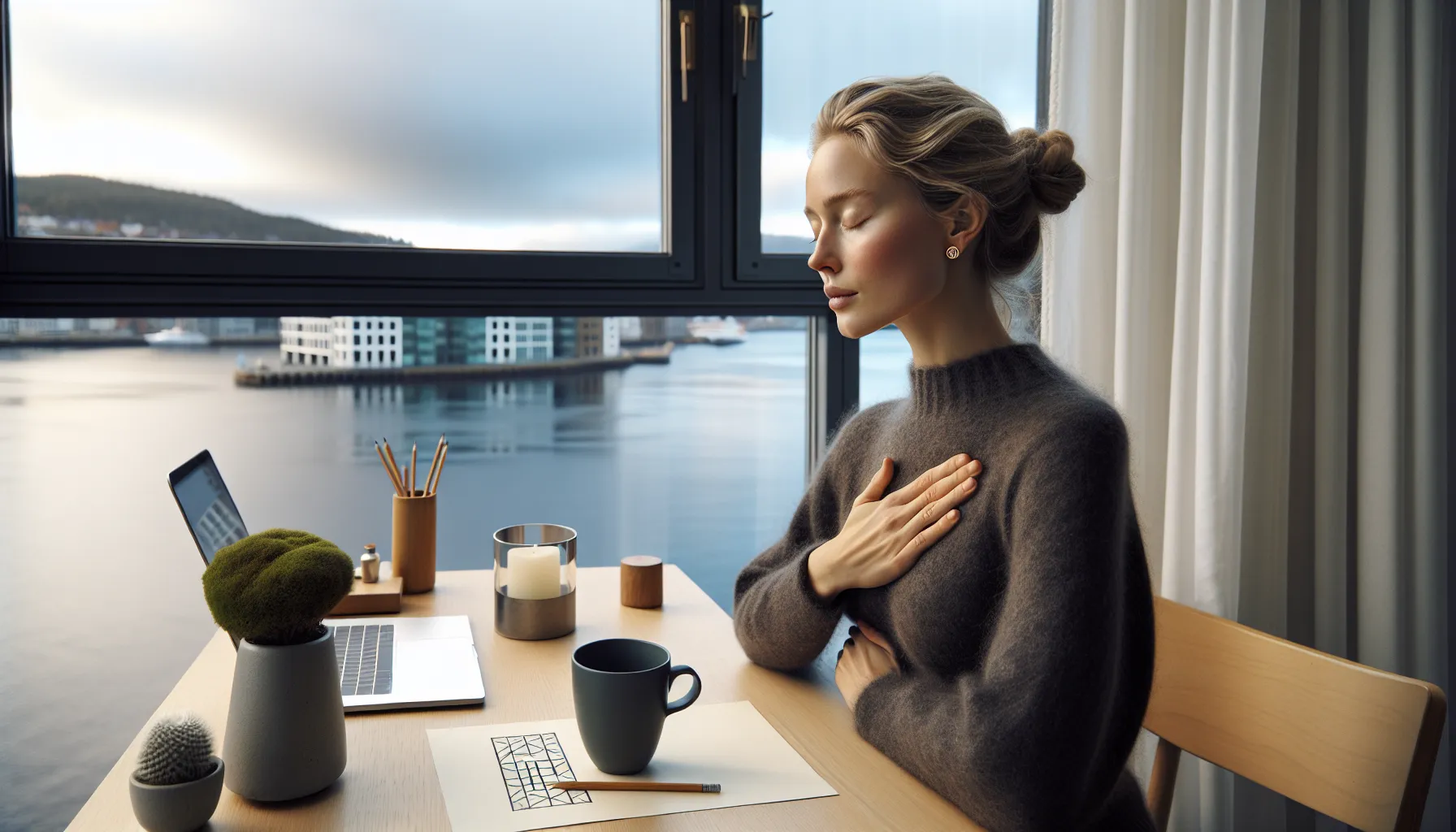 Norwegian woman practicing box breathing at a calm, sunlit office desk.