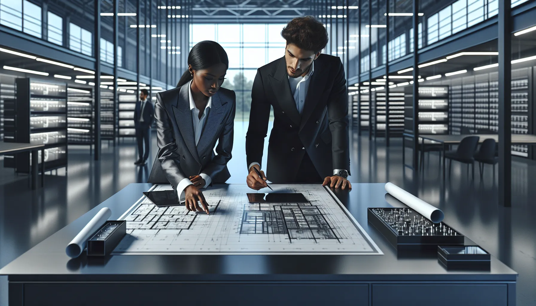 diverse engineers discussing design options for 6090X43 components in a workshop.