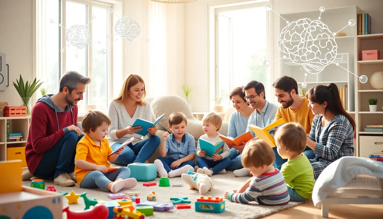 Parents engaging with children in a colorful playroom.