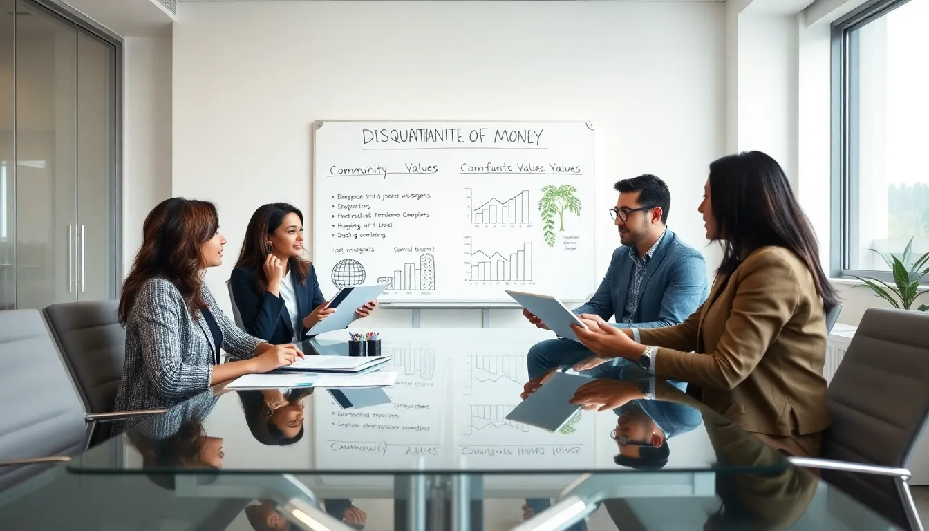 diverse team discussing disquantification of money in a modern office.