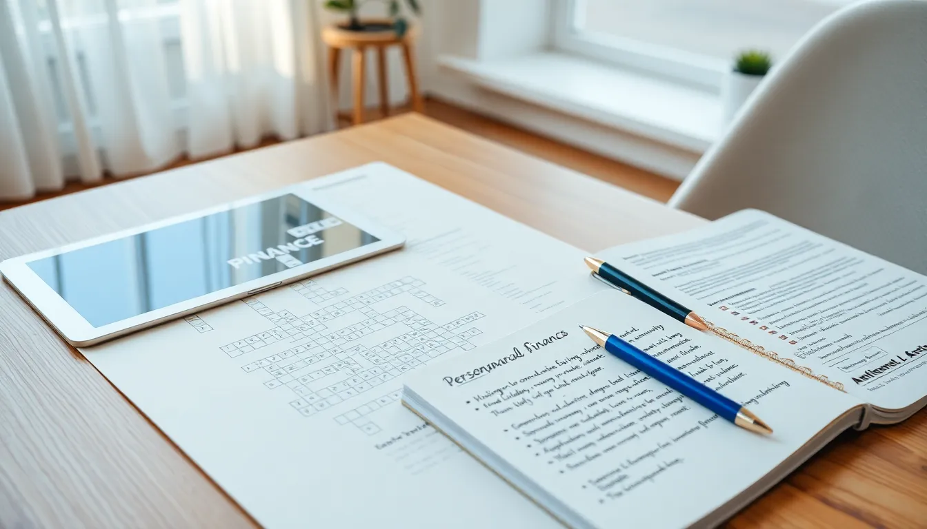 personal finance crossword puzzle in a modern home office.