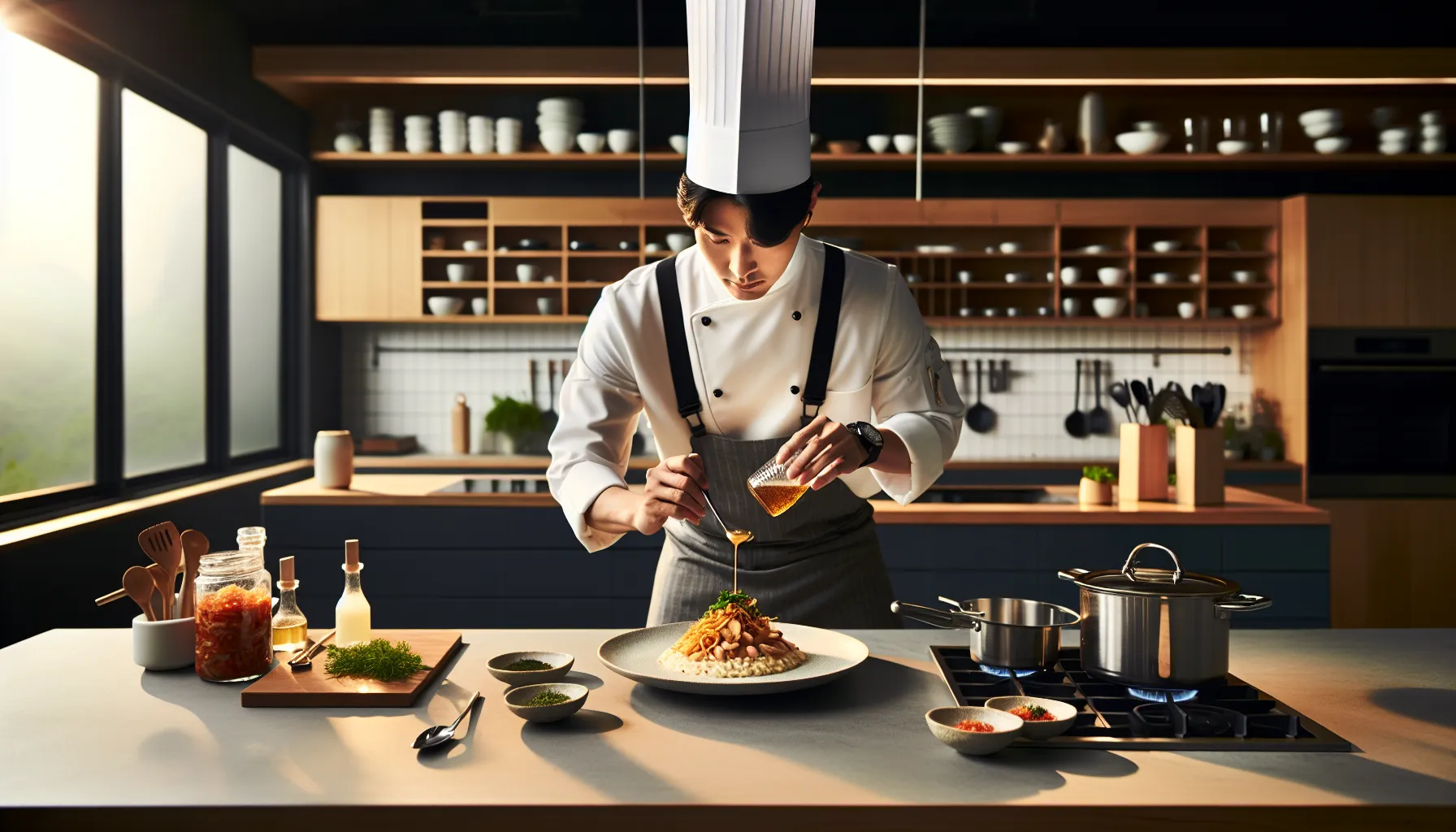 chef plating a dish combining Korean and European culinary styles.