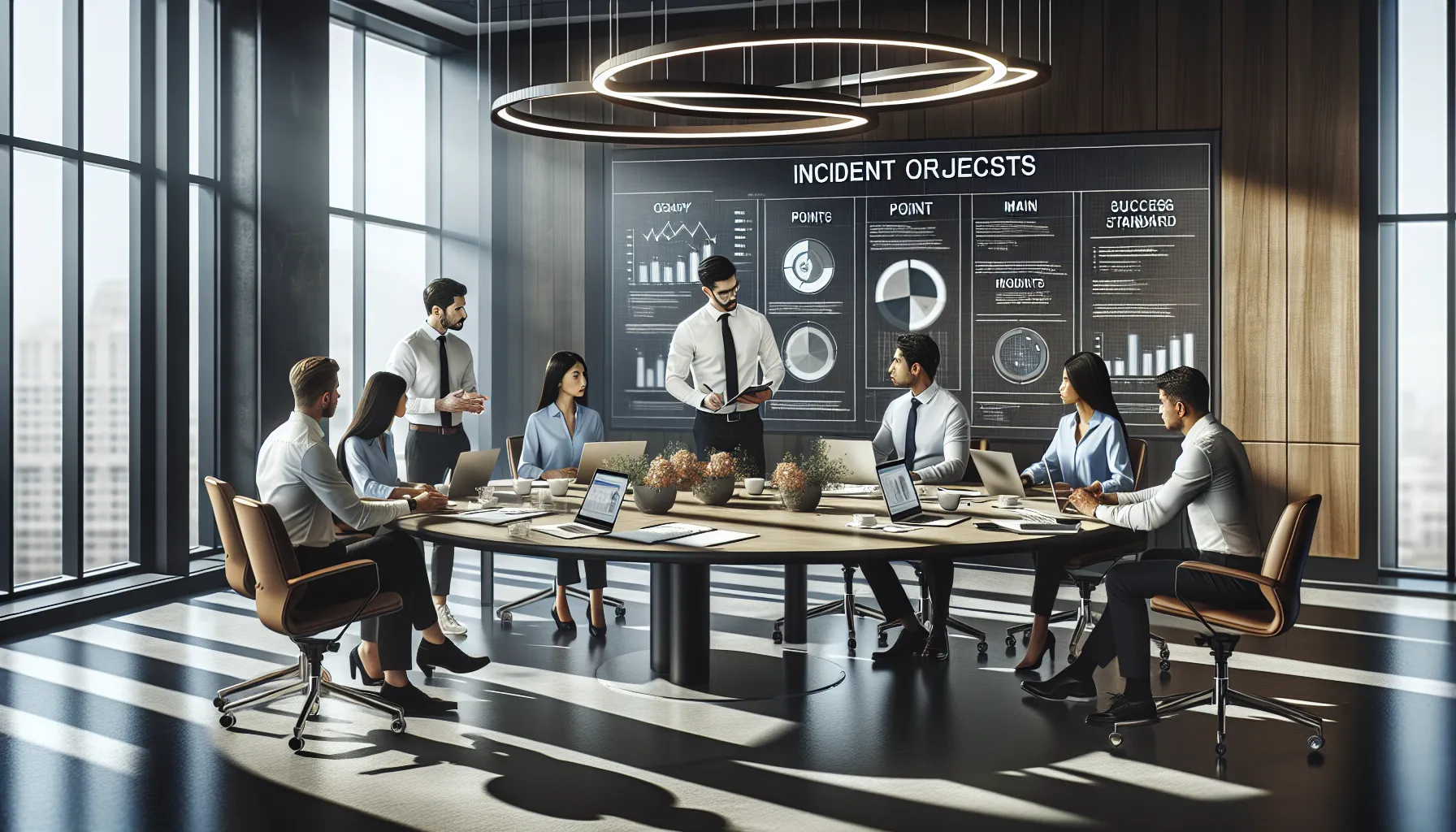 diverse team strategizing incident objectives in a modern office.