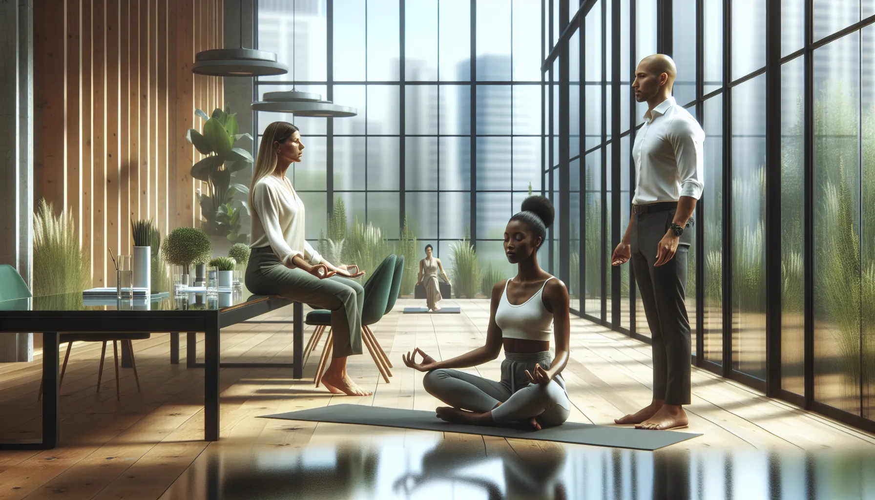 diverse professionals practicing mindfulness in a calm office setting.