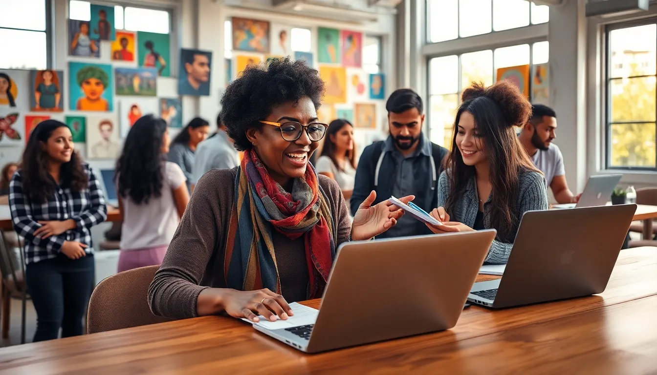 diverse group of writers collaborating in a bright co-working space