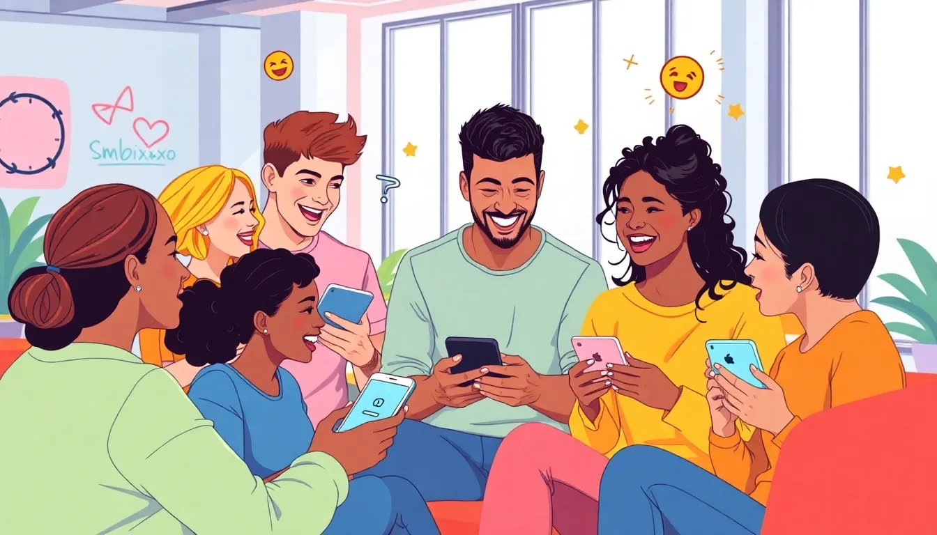 young adults sharing memes in a modern co-working space.