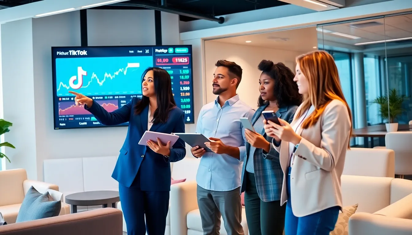 diverse professionals analyzing TikTok's influence on stock market trends.