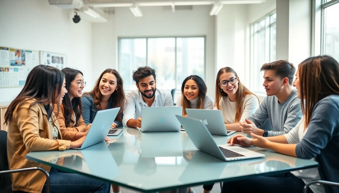 diverse teenagers collaborating in a modern classroom setting.