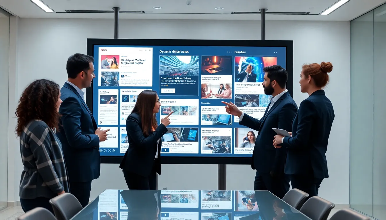 diverse professionals discussing digital news alerts in a modern office.