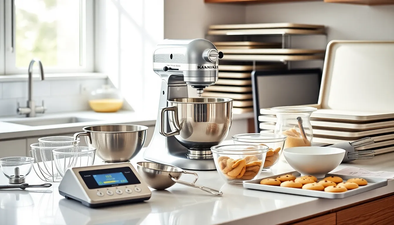 essential baking tools in a bright, modern kitchen.