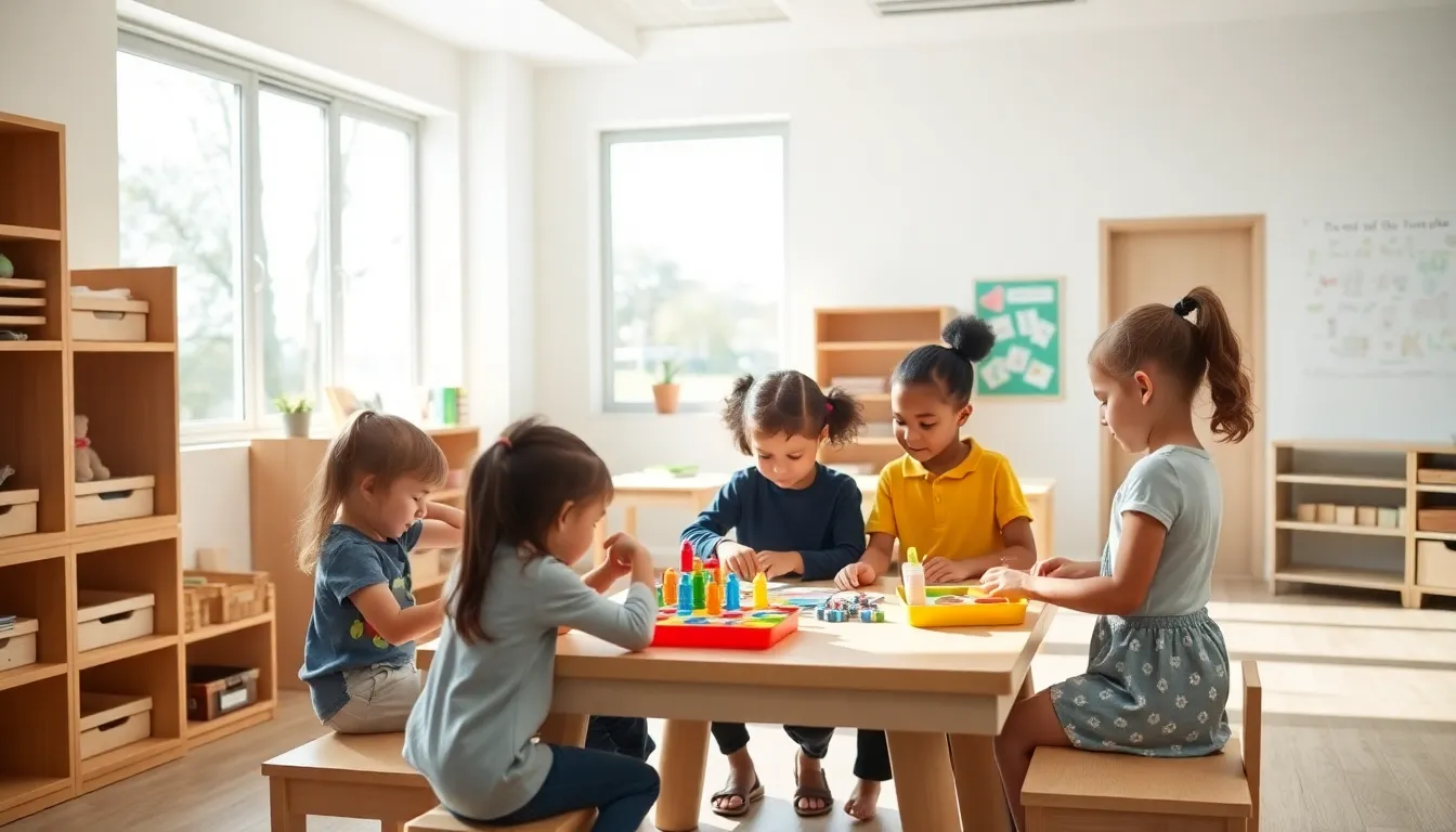 children engaged in activities in a bright Montessori classroom.