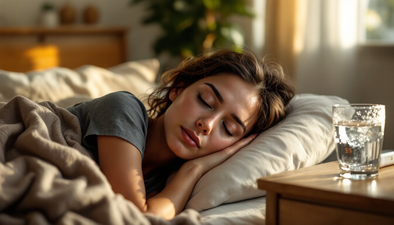 A woman resting in bed with a mild fever, glass of water nearby.