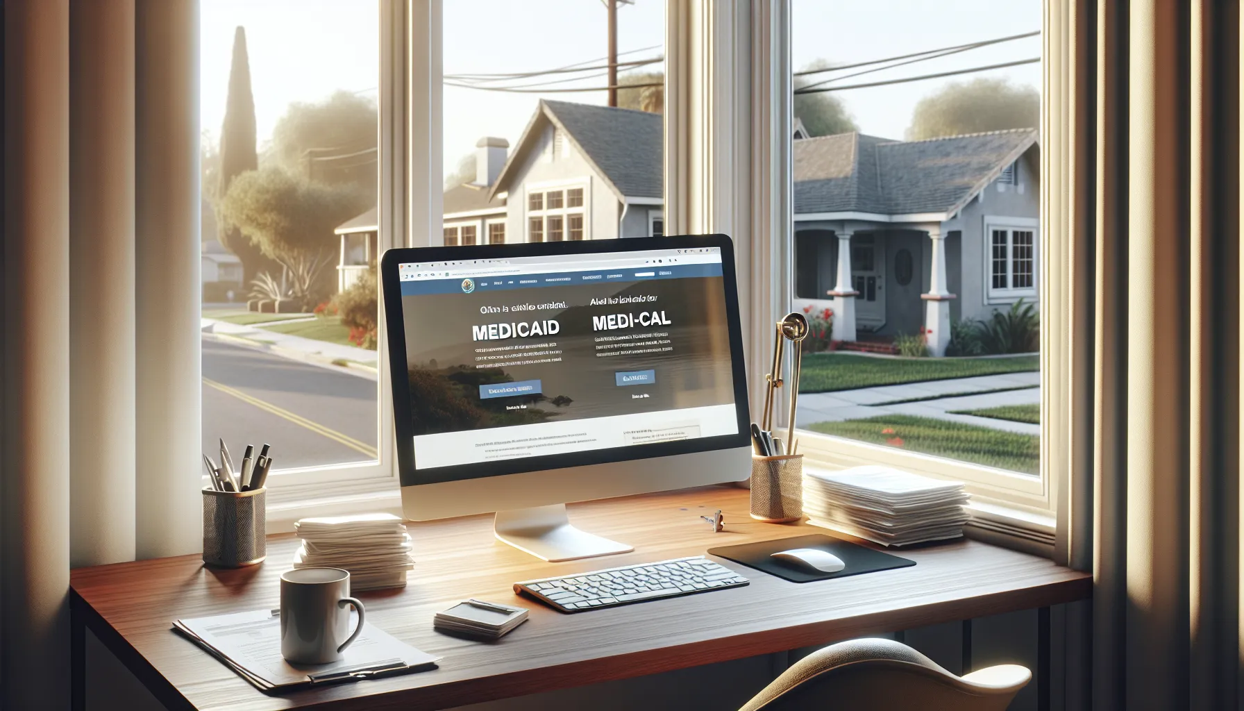 A desktop displaying Medicaid and Medi-Cal websites side by side on a screen.
