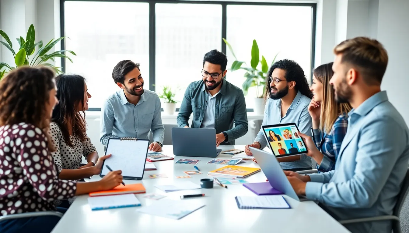 diverse team brainstorming event ideas in a modern office.