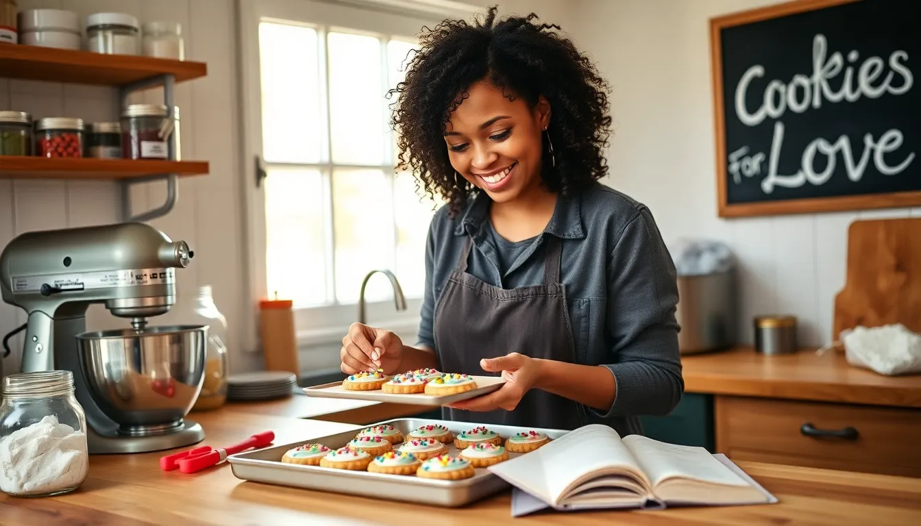 baker decorating cookies in a cozy kitchen.