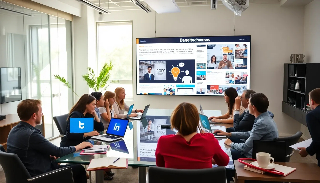 diverse team discussing social media news in a modern office.