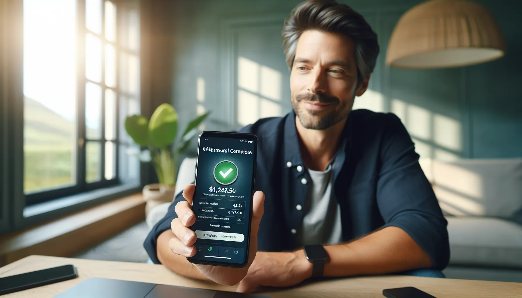 Man viewing completed online casino withdrawal on smartphone in home office.