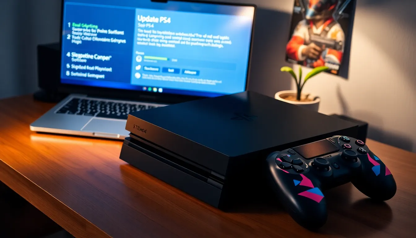 a PS4 console with controllers and a laptop showing an update guide.