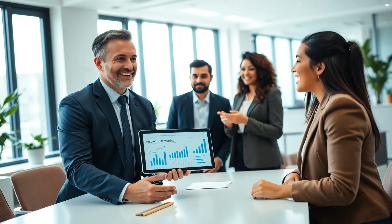 diverse professionals in an office discussing employee motivation.
