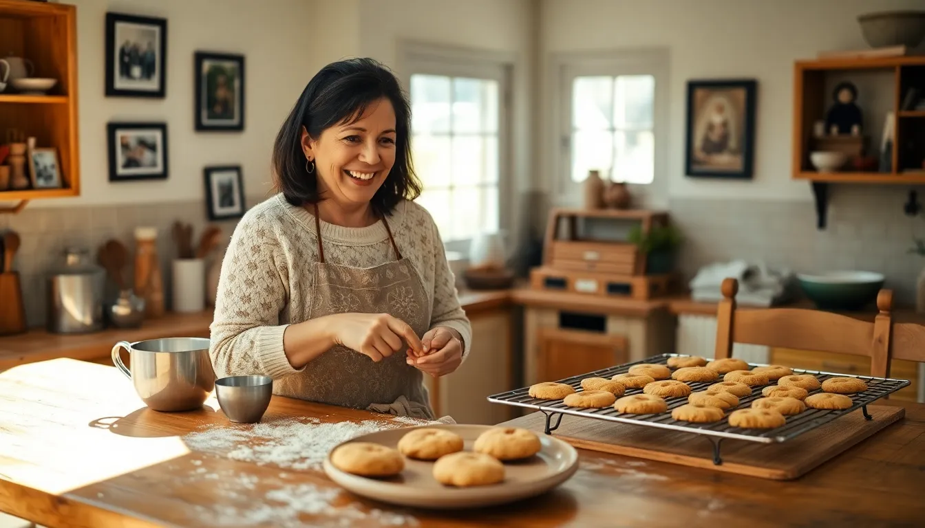 a woman baking cookies in a bright and inviting kitchen.
