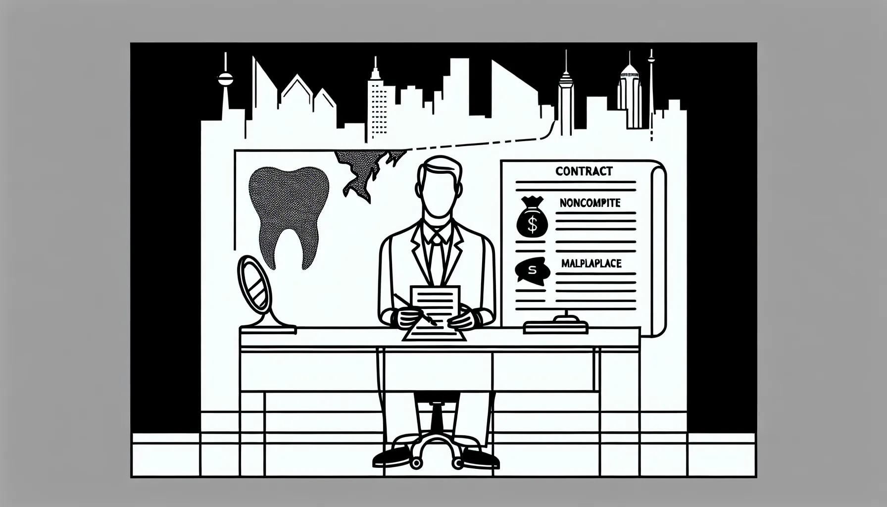Dentist examining a contract over a Maryland outline with legal labels of Maryland Dental Contract Review.
