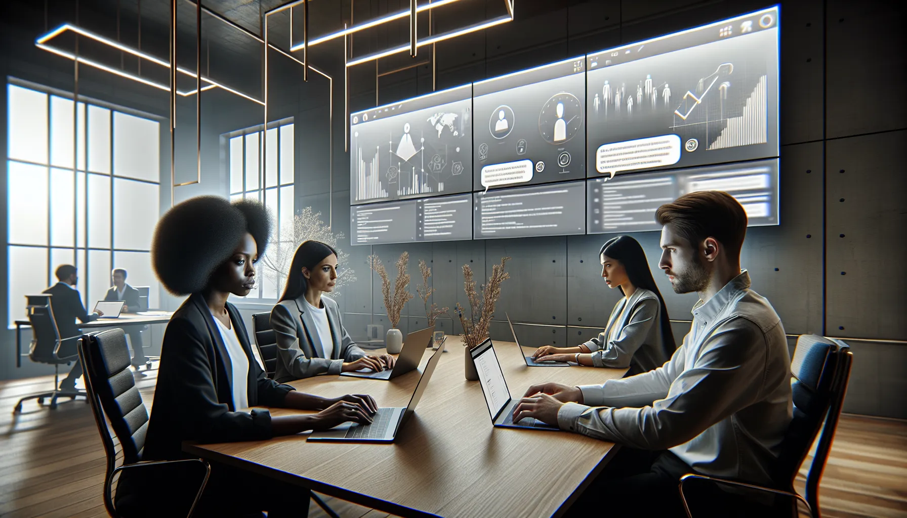 diverse team discussing online community challenges in a modern office.