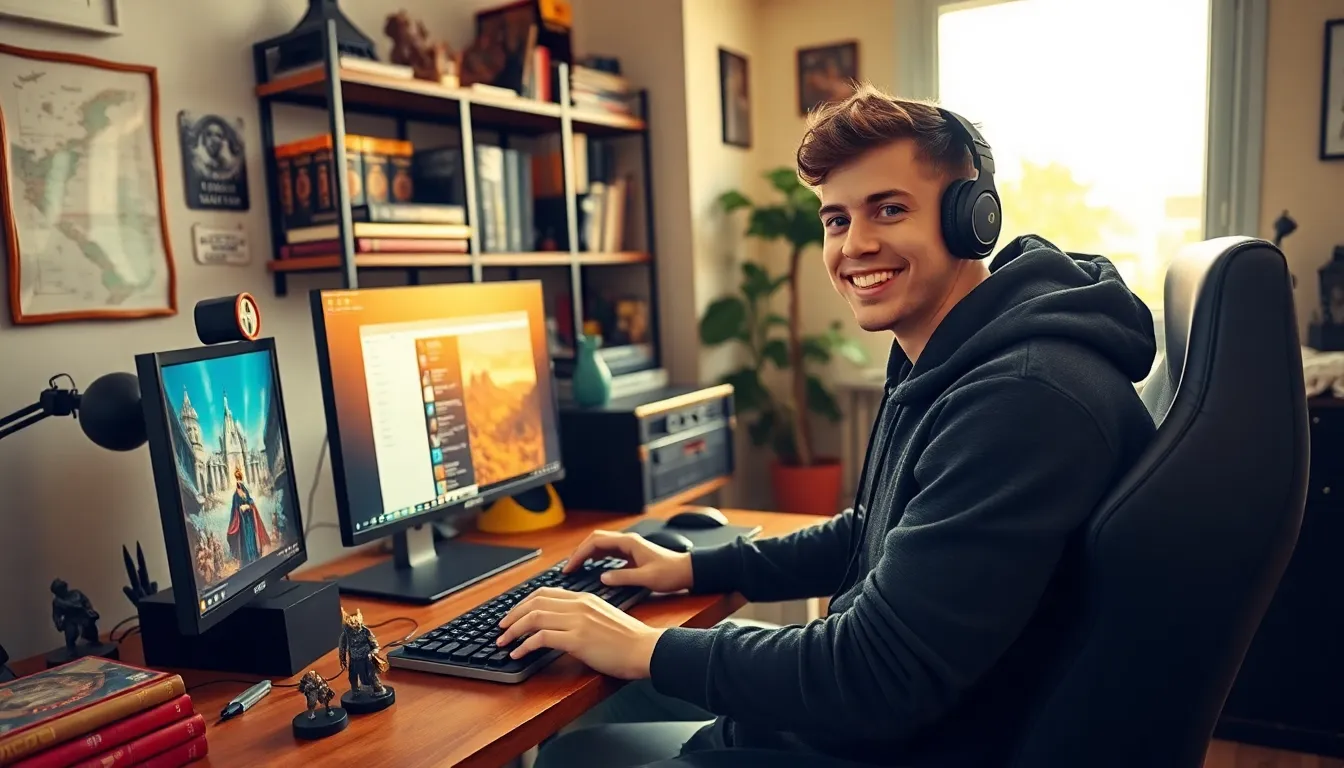 a young man gaming in a cozy home office with medieval decor.