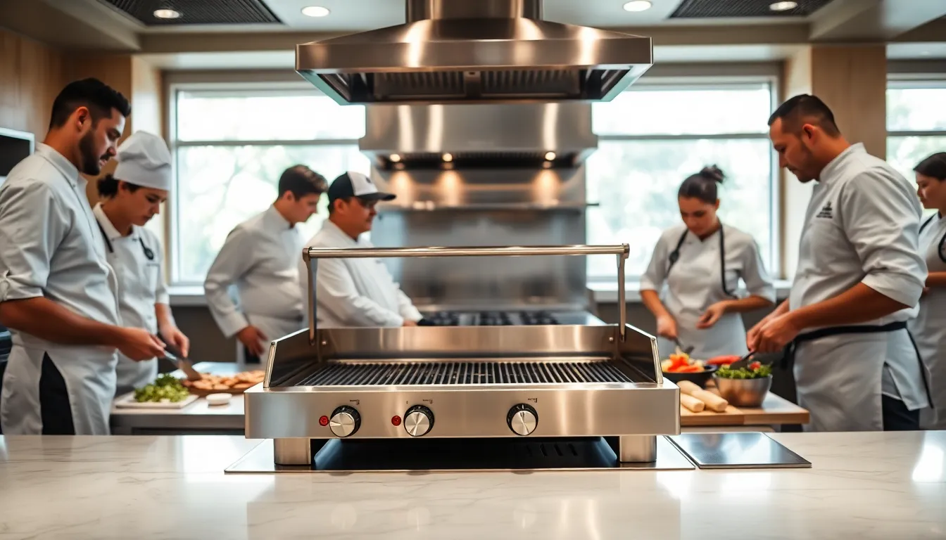 chefs using an electric grill in a modern restaurant kitchen.