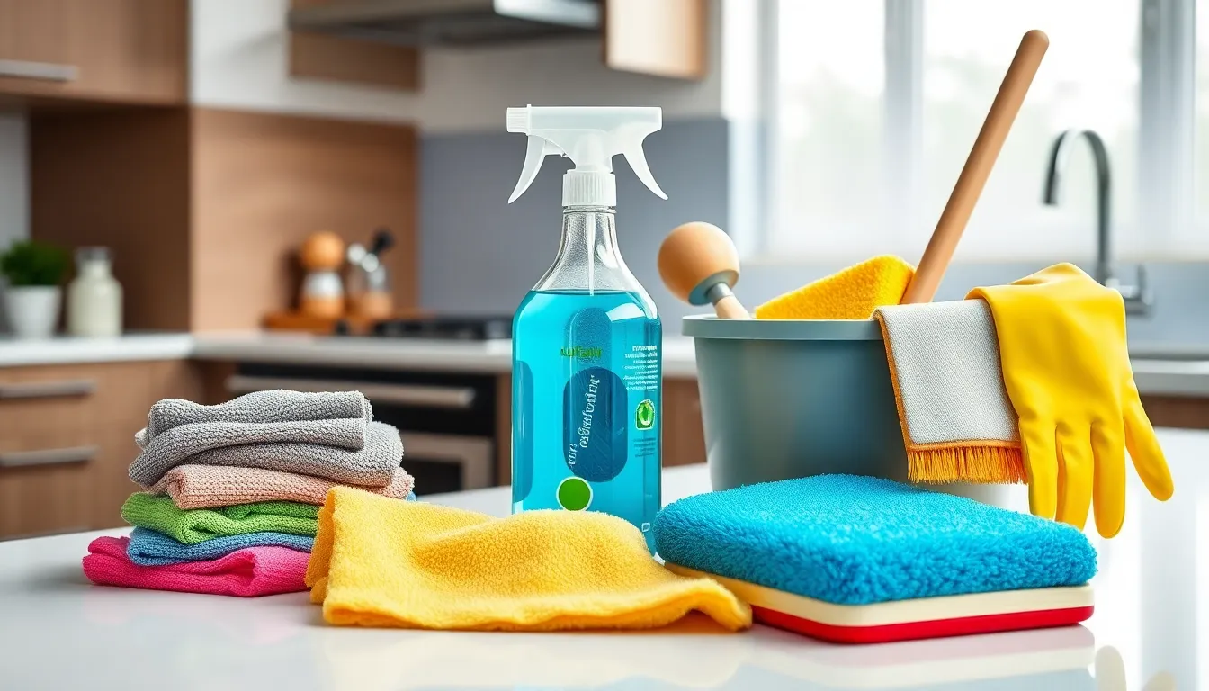 organized kitchen cleaning tools on a countertop.