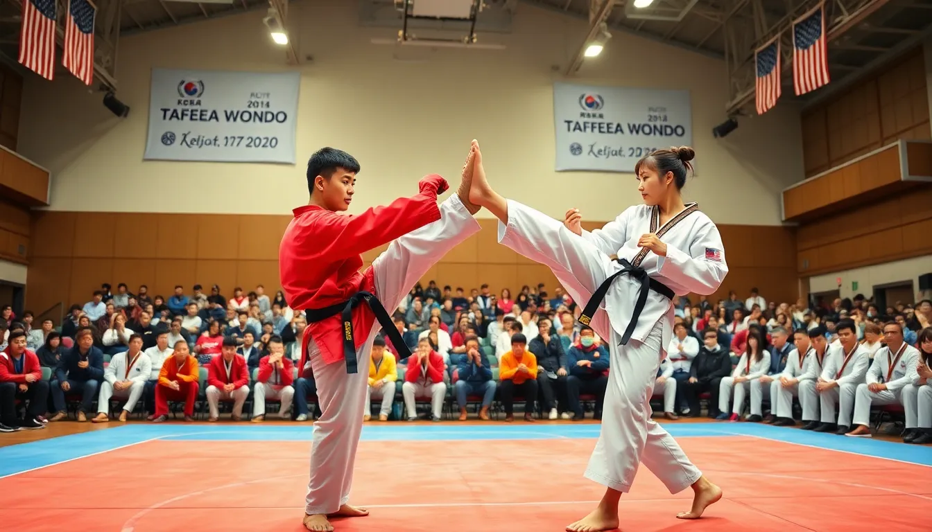 Taekwondo athletes competing in an intense bout in a sports gym.