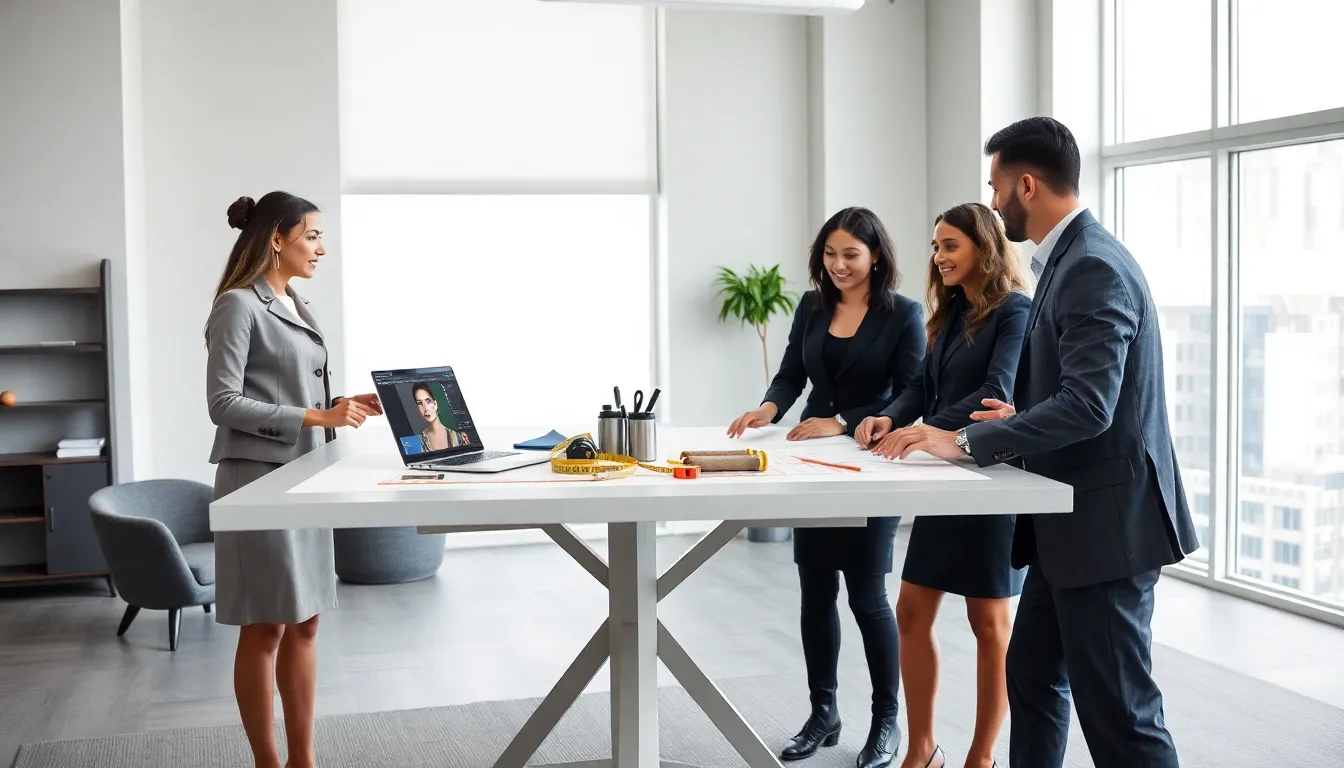 professionals discussing dimensions and design in a modern office.