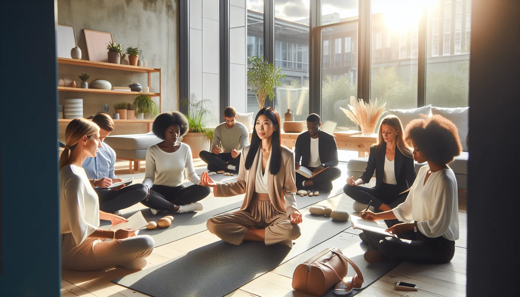 diverse team participating in a self-care workshop in a modern office.