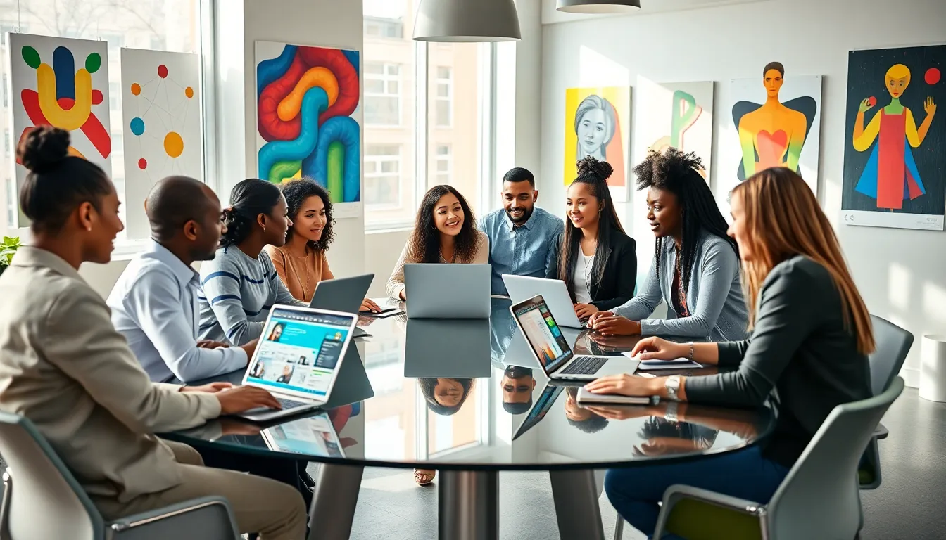 diverse professionals collaborating in a modern workspace.