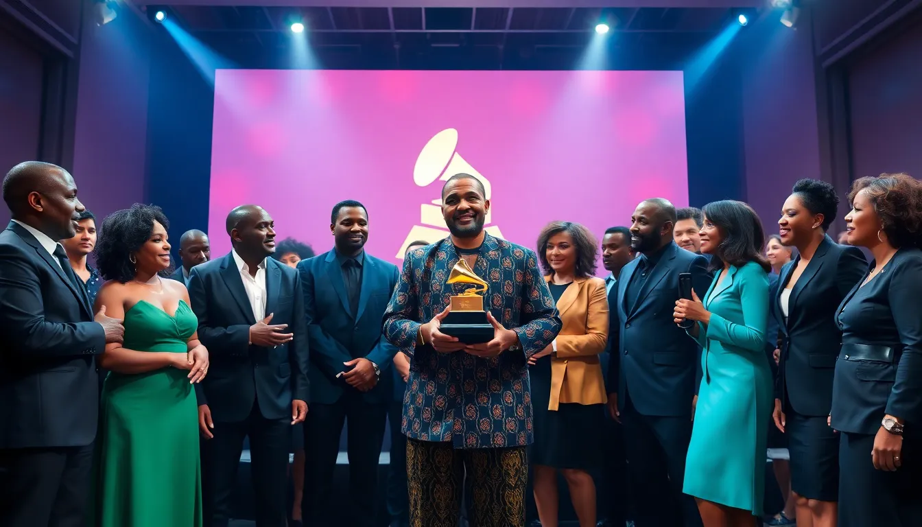 diverse musicians celebrating the Grammy Award for Best African Music Performance.