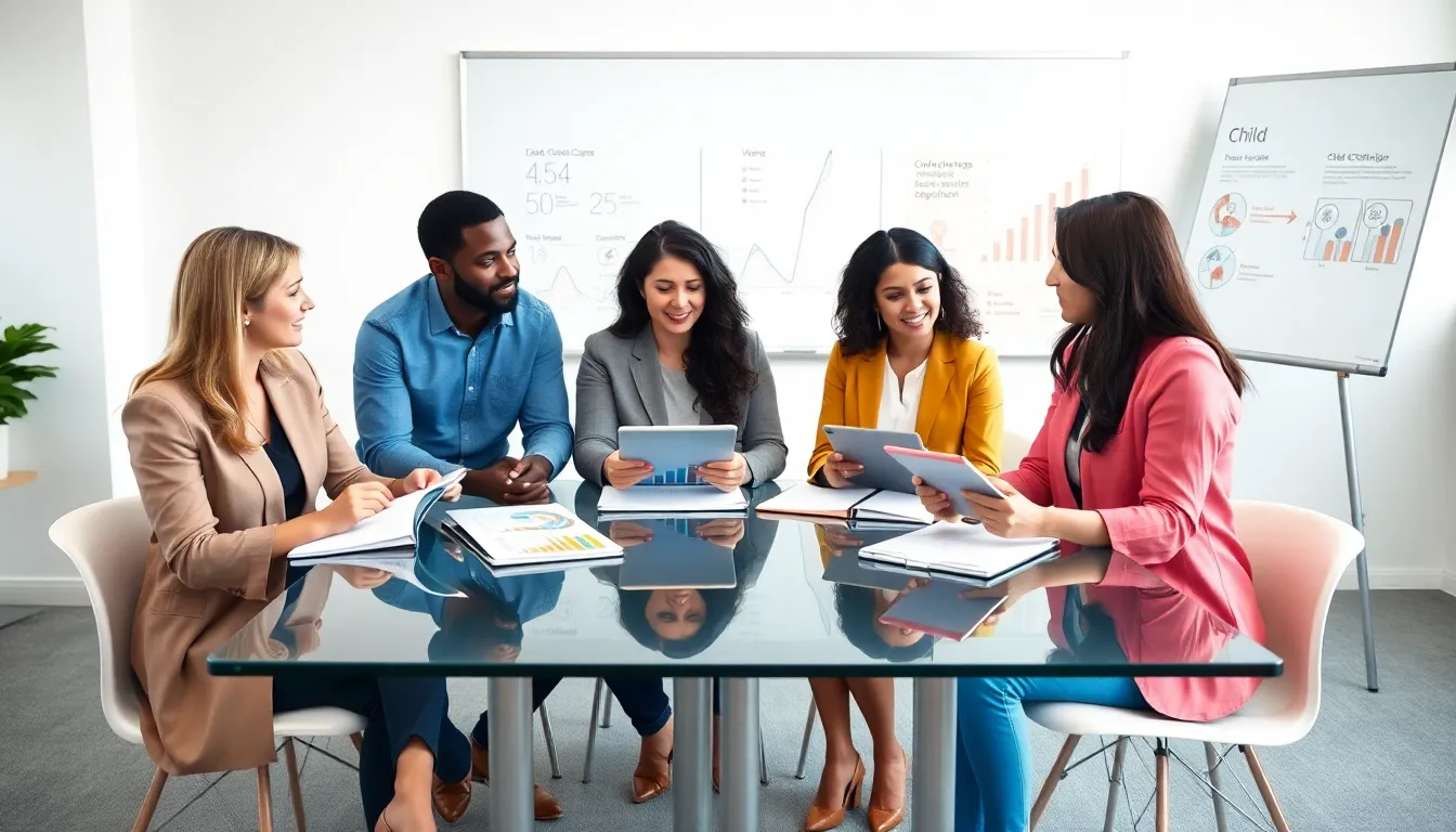 professionals discussing child development in a modern classroom.